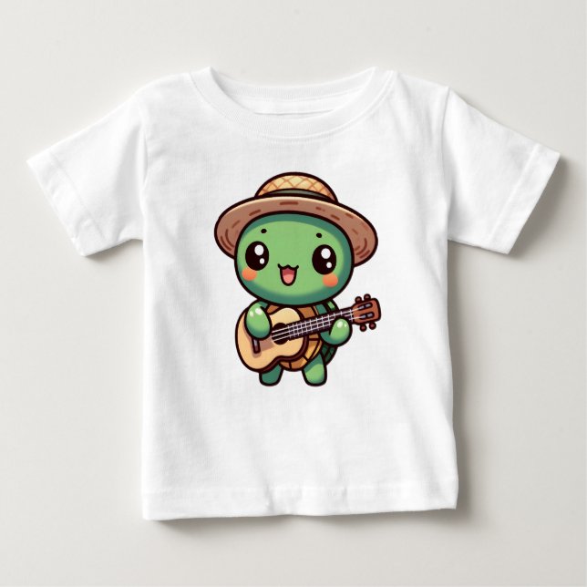 Cute Chibi Turtle Playing Guitar Baby T-Shirt (Front)