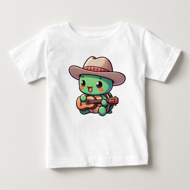 Cute Chibi Turtle Playing Guitar Baby T-Shirt (Front)