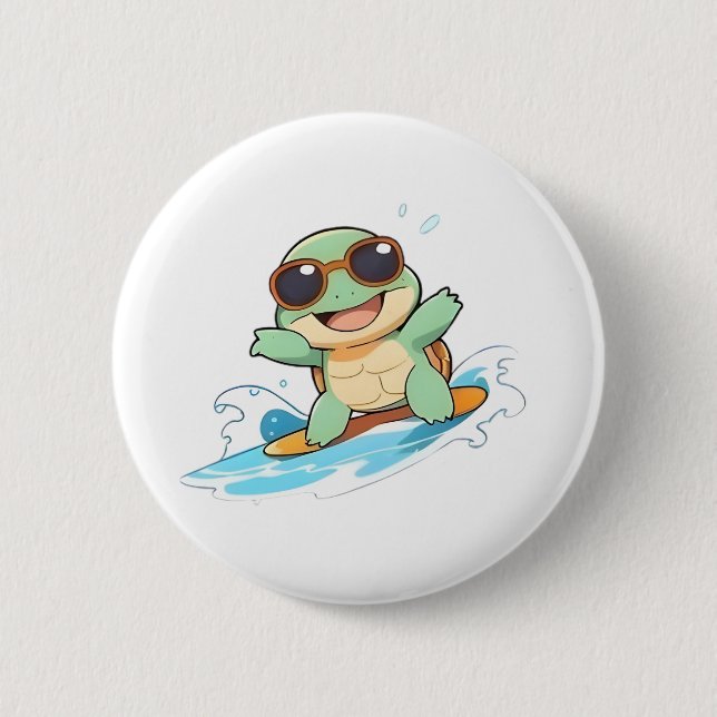 Cute Chibi Turtle Surfer Summer Beach Design 6 Cm Round Badge (Front)