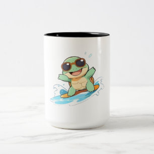 Cute Chibi Turtle Surfer Summer Beach Design Two-Tone Coffee Mug
