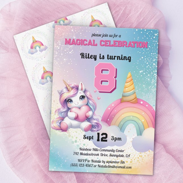 Cute Chibi Unicorn rainbow birthday party Invitation (Creator Uploaded)