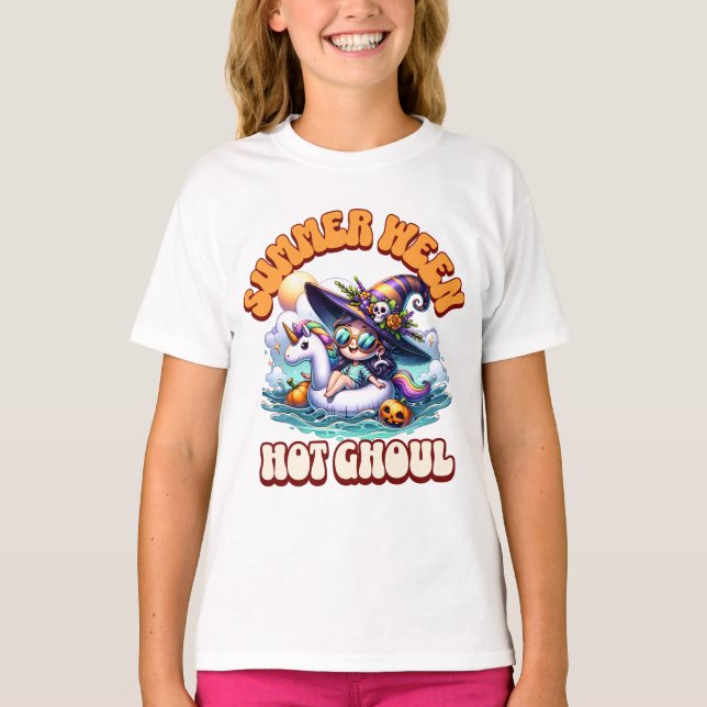 Cute Chibi Witch Unicorn Float Summerween Ghoul T-Shirt (Front)