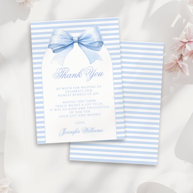 Cute Chic Blue Bow French Baby Boy Shower Thank You Card (Creator Uploaded)