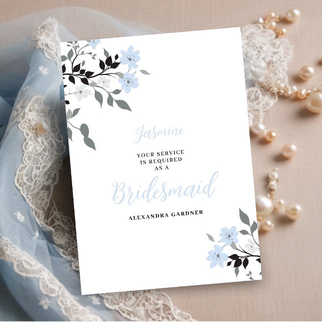 Cute Chic Blue Floral Bunch Wedding Bridesmaid Invitation (Exquisite Sophisticated Pale Blue Floral Bunch Wedding Bridesmaid Proposal Card.)