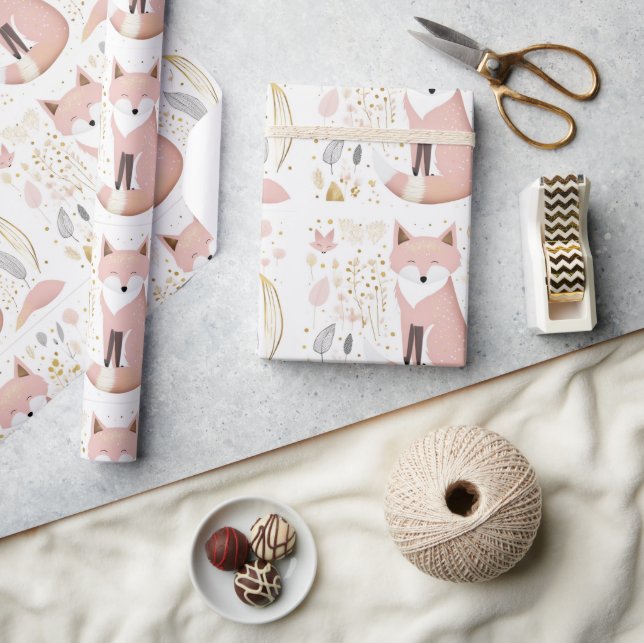 Cute Chic Boho Pastel Blush Grey Gold Fox  Wrapping Paper (Crafts)