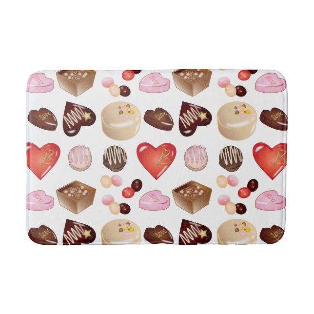 Cute Chic Colourful Chocolate Candy Heart Pattern Bath Mat (Front)