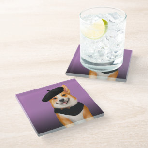 Cute Chic Corgi Dog Wearing Beret & Bandanna Glass Coaster