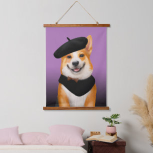 Cute Chic Corgi Dog Wearing Beret & Bandanna Hanging Tapestry