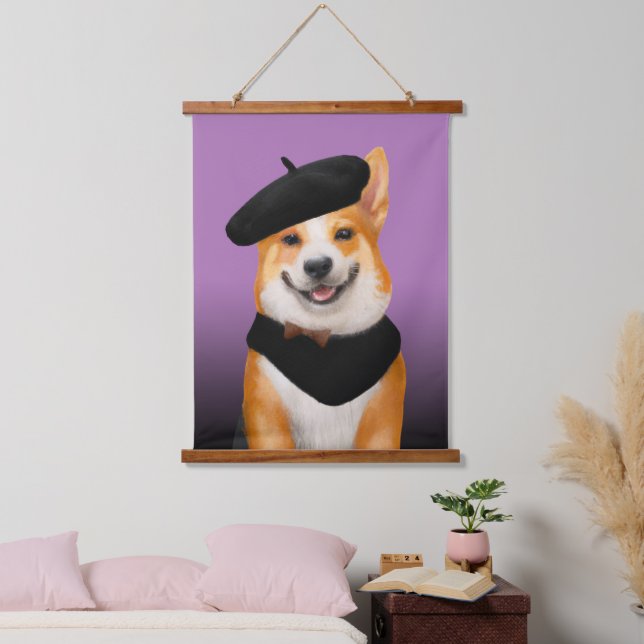 Cute Chic Corgi Dog Wearing Beret & Bandanna Hanging Tapestry (Bedroom)