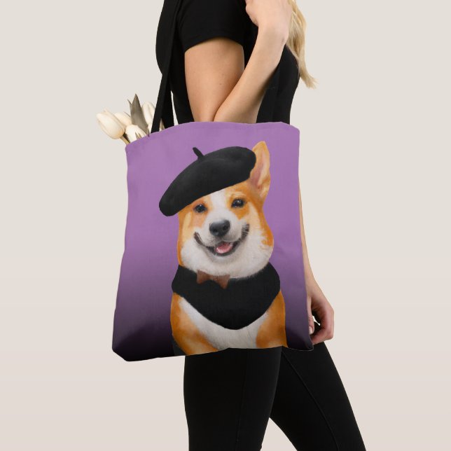 Cute Chic Corgi Dog Wearing Beret & Bandanna Tote Bag (Close Up)