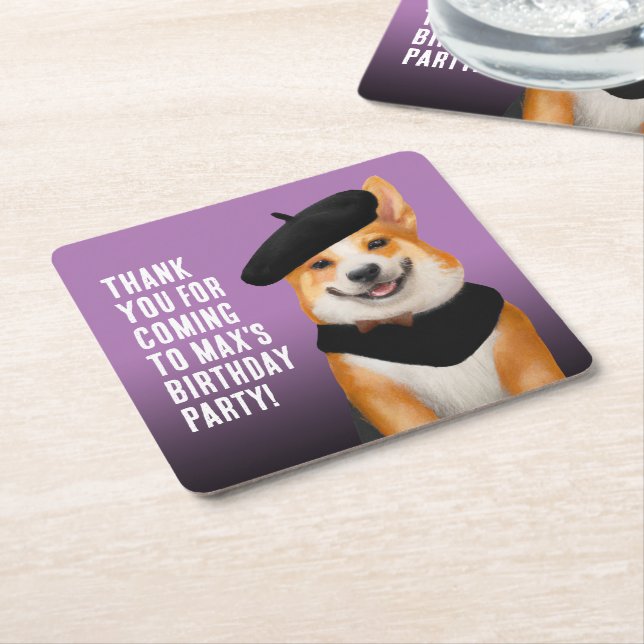 Cute Chic Corgi Dogs Birthday Thank You Square Paper Coaster (Angled)