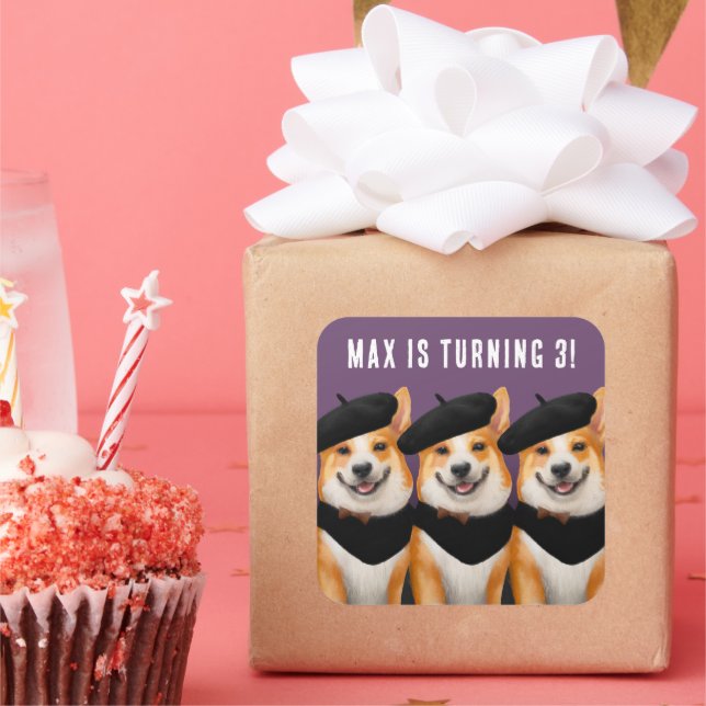 Cute Chic Corgi Dogs Wish You Happy Birthday Square Sticker (Party)