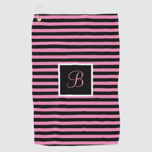 Cute Chic Custom Initial Pink and Black Striped Golf Towel