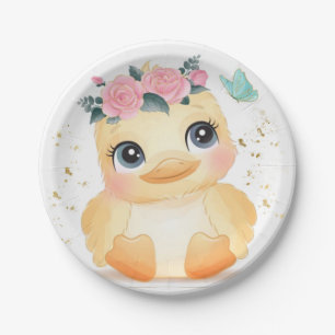 Cute Chic Duckling Pink Rose Gold Baby Shower Paper Plate