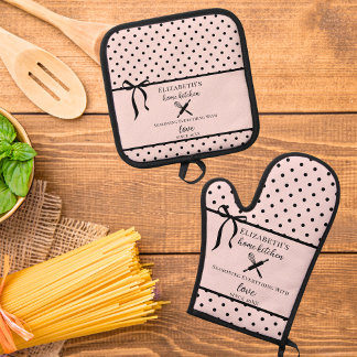 Cute Chic Girly Blush Pink and Black Polka Dot Oven Mitt & Pot Holder Set