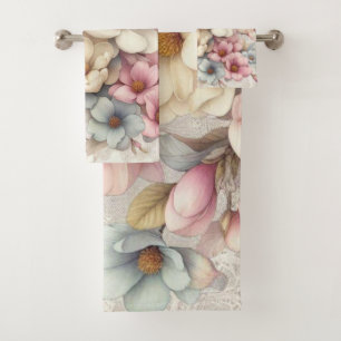 Cute chic girly floral and lace bath towel set