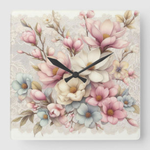 Cute chic girly floral and lace square wall clock