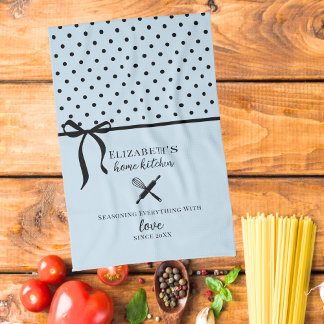 Cute Chic Girly Light Blue and Black Polka Dot Tea Towel