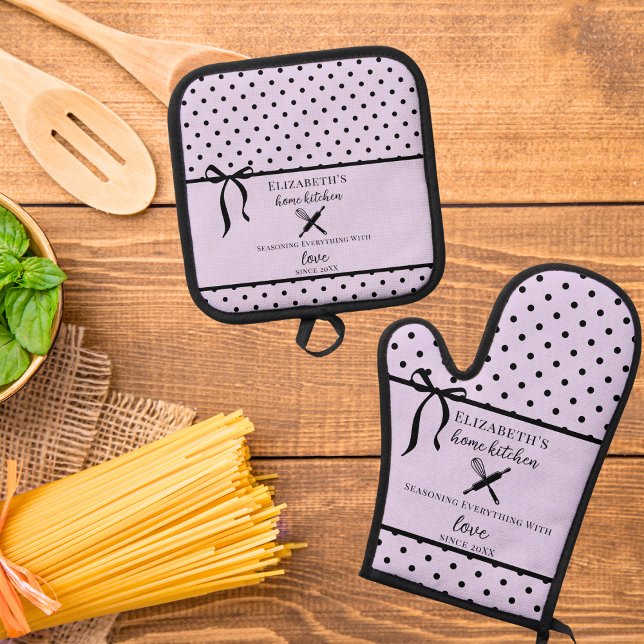 Cute Chic Girly Light Lilac and Black Polka Dot Oven Mitt & Pot Holder Set (Creator Uploaded)
