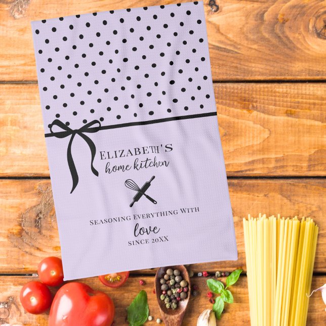 Cute Chic Girly Light Lilac and Black Polka Dot Tea Towel (Creator Uploaded)