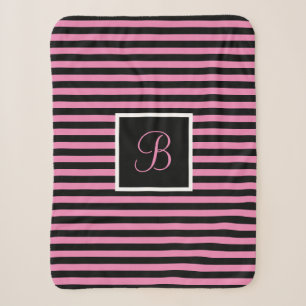 Cute Chic Initial Letter Pink and Black Striped Sherpa Blanket