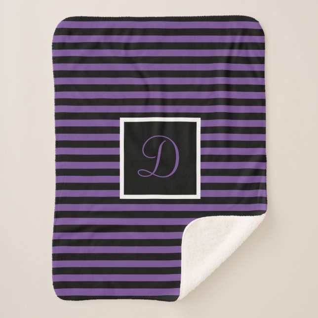 Cute Chic Initial Purple and Black Striped Sherpa Blanket (Front)