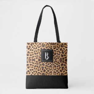 Cute Chic Leopard Animal Print Brown Black Initial Tote Bag