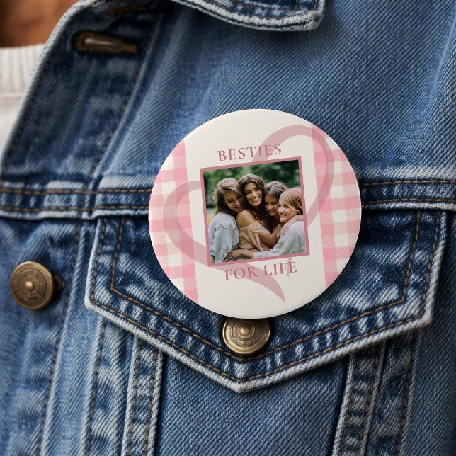 Cute Chic Pink Check Photo Besties Galentine's Day 7.5 Cm Round Badge (Creator Uploaded)