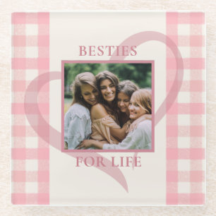 Cute Chic Pink Check Photo Galentine's Glass Coaster