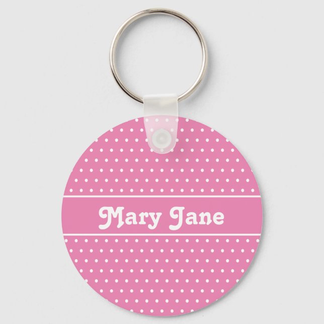 Cute Chic Pink Custom Name Polka Dot Key Ring (Back)