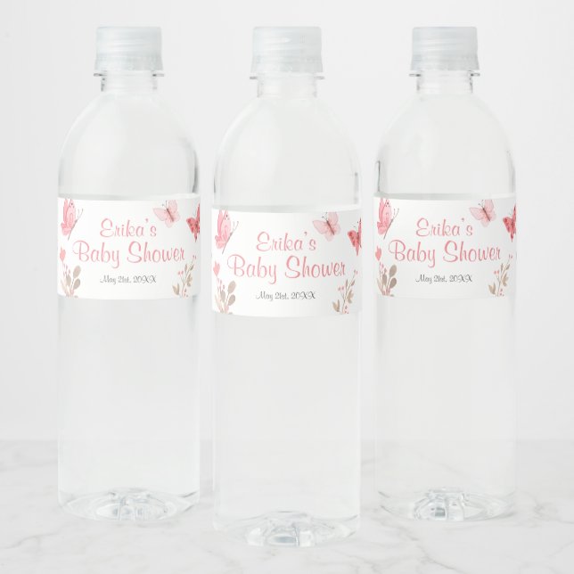 Cute Chic Pink Floral Butterflies Baby Shower Water Bottle Label (Bottles)