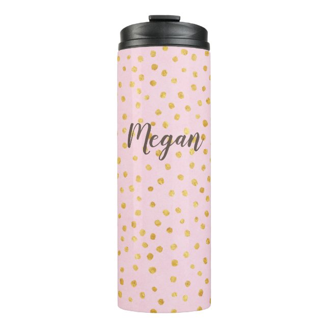 Cute Chic Pink Gold Polka Dot Pattern Personalised Thermal Tumbler (Front)
