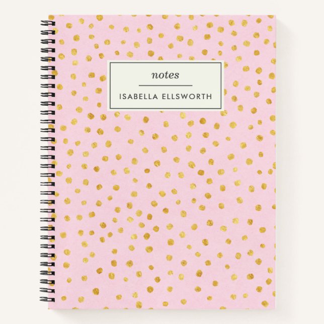Cute Chic Pink Gold Polka Dot Personalised Notebook (Front)
