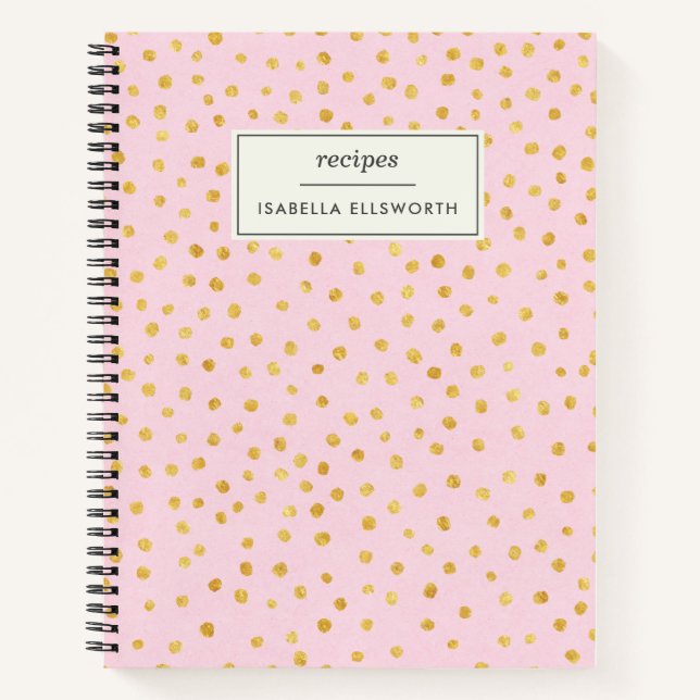 Cute Chic Pink Gold Polka Dot Personalised Recipe Notebook (Front)
