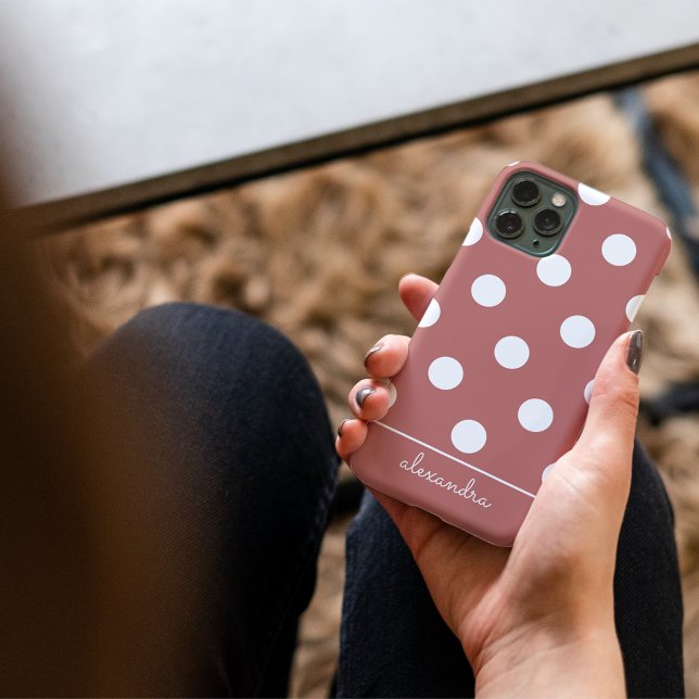 Cute Chic Pink Polka Dot Pattern Personalised Name iPhone Case (Creator Uploaded)