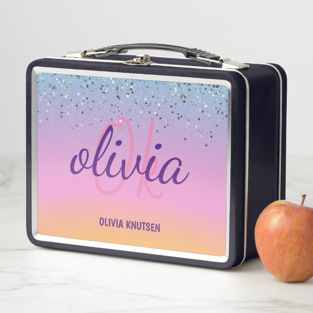 Cute Chic Pink Purple Glitter Personalised Monogra Metal Lunch Box (In Situ)