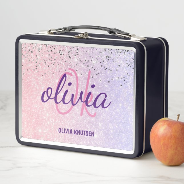 Cute Chic Pink Purple Glitter Personalised Monogra Metal Lunch Box (In Situ)
