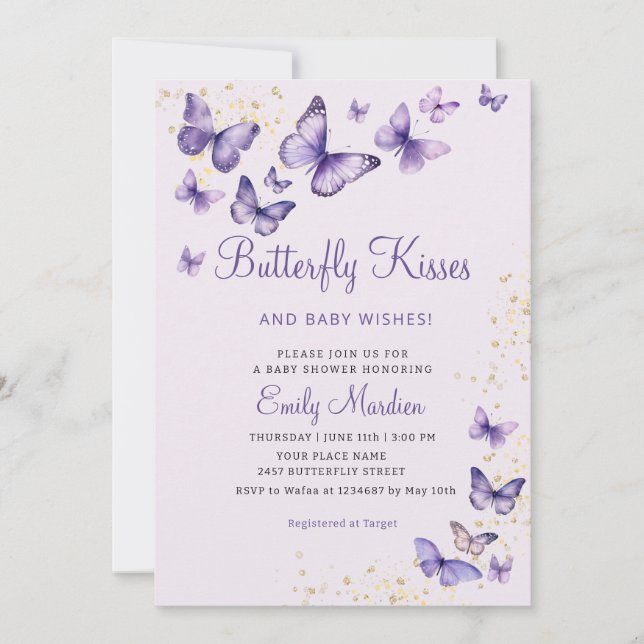Cute Chic Purple Butterfly kisses Girl Baby Shower Invitation (Front)