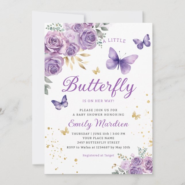 Cute Chic Purple Floral Butterfly Girl Baby Shower Invitation (Front)