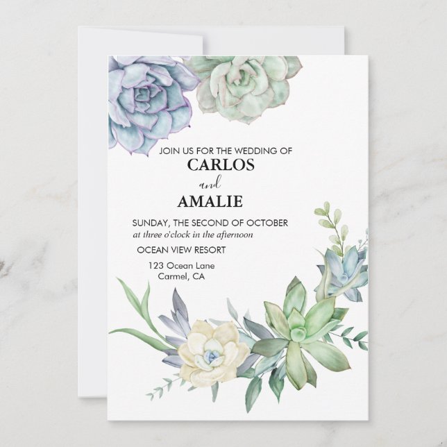 Cute Chic Succulents Blue Green Invitation (Front)