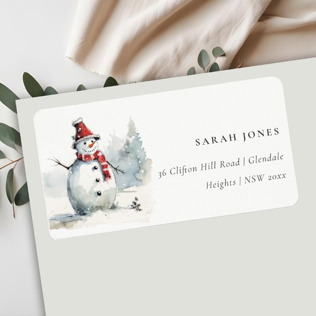 Cute Chic Watercolor Snowman Christmas Address Label (Creator Uploaded)