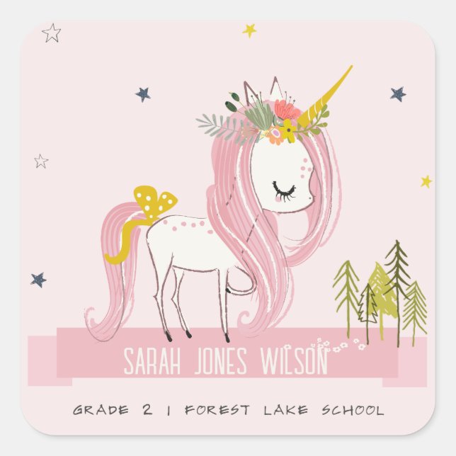 Cute Chic Whimsical Magical Unicorn Pink Princess Square Sticker (Front)