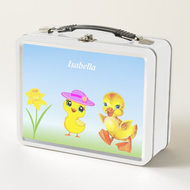 Cute chick and duckling on light blue metal lunch box (Front)