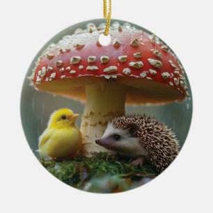 Cute Chick and Hedgehog Hiding Under a Mushroom Ceramic Tree Decoration