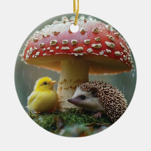Cute Chick and Hedgehog Hiding Under a Mushroom Ceramic Tree Decoration (Front)