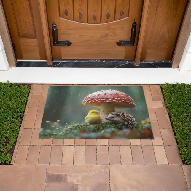 Cute Chick and Hedgehog Hiding Under a Mushroom Doormat (Outdoor)