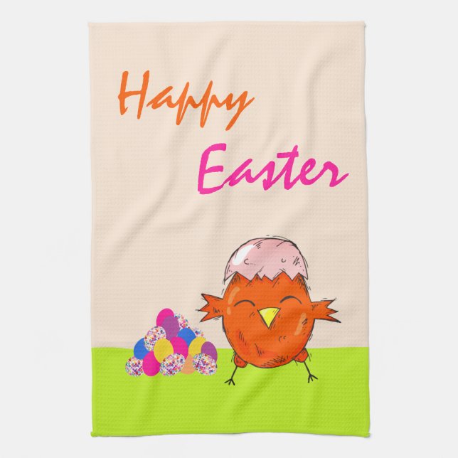 Cute chick colourful Easter eggs Happy Easter Tea Towel (Vertical)
