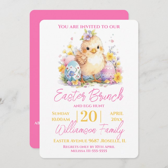 Cute Chick Floral Pink Easter Brunch  Invitation (Front/Back)