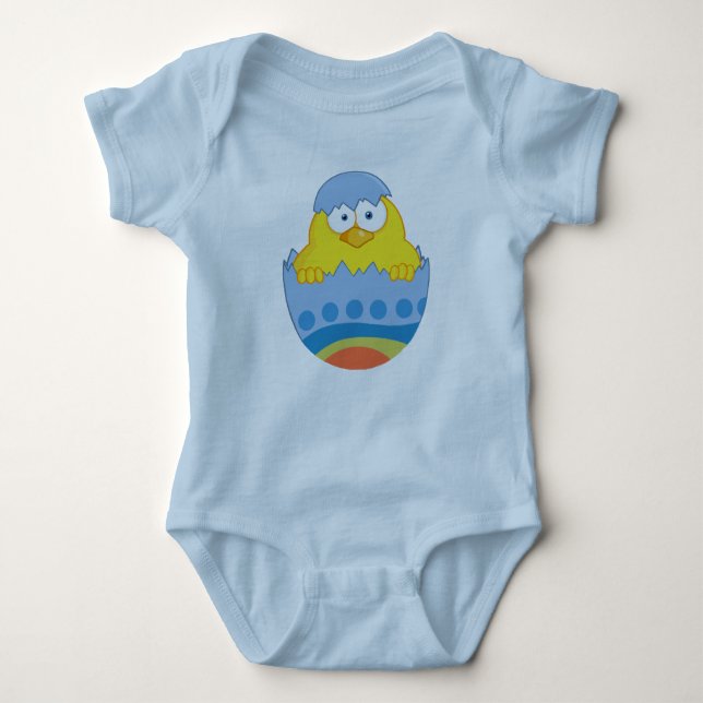 Cute Chick Hatching From Blue Colourful Egg Baby Bodysuit (Front)