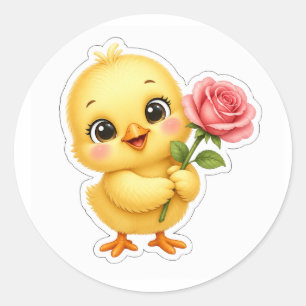 Cute Chick Holding a Rose – Adorable Baby Chicken Classic Round Sticker